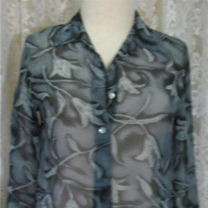 BLACK on GREY Floral 100% Poly BLOUSE Size Large
